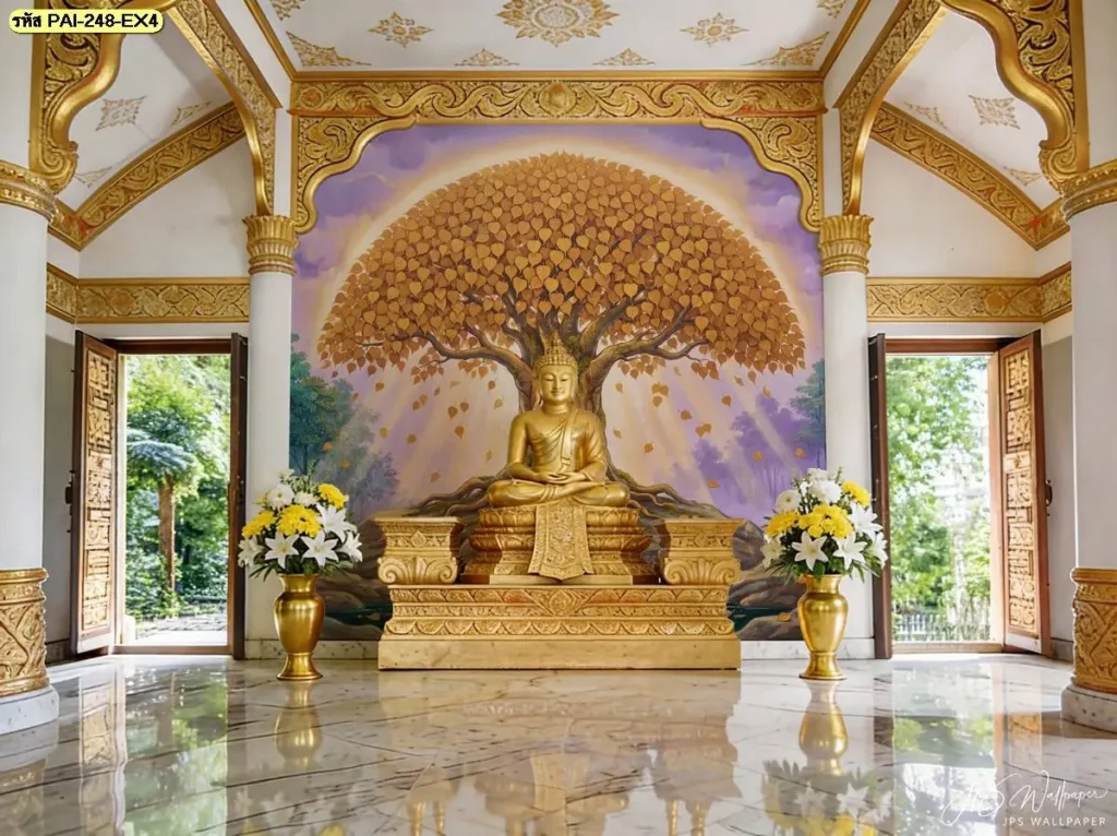 วอลเปเปอร์ต้นโพธิ์สีทองสำหรับห้องพระและพื้นที่นั่งสมาธิ พร้อมบริการจากร้านขายวอลเปเปอร์ เหมาะสำหรับผนังหลังหิ้งพระที่ต้องการภาพพุทธศิลป์เป็นจุดเด่น