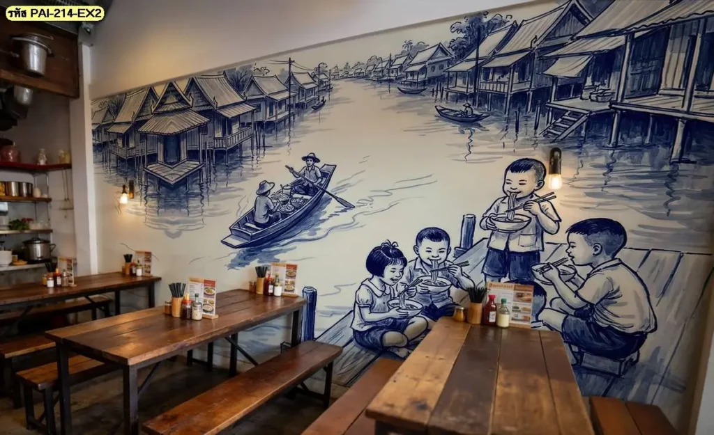 วอลเปเปอร์ติดผนังศิลปะลายเส้นสีคราม เหมาะกับร้านอาหารที่ต้องการโทนเรียบและมีรายละเอียดทางวัฒนธรรม โดย Murallbkk ร้านผลิตวอลเปเปอร์ดูแลการผลิตตามขนาดจริง
