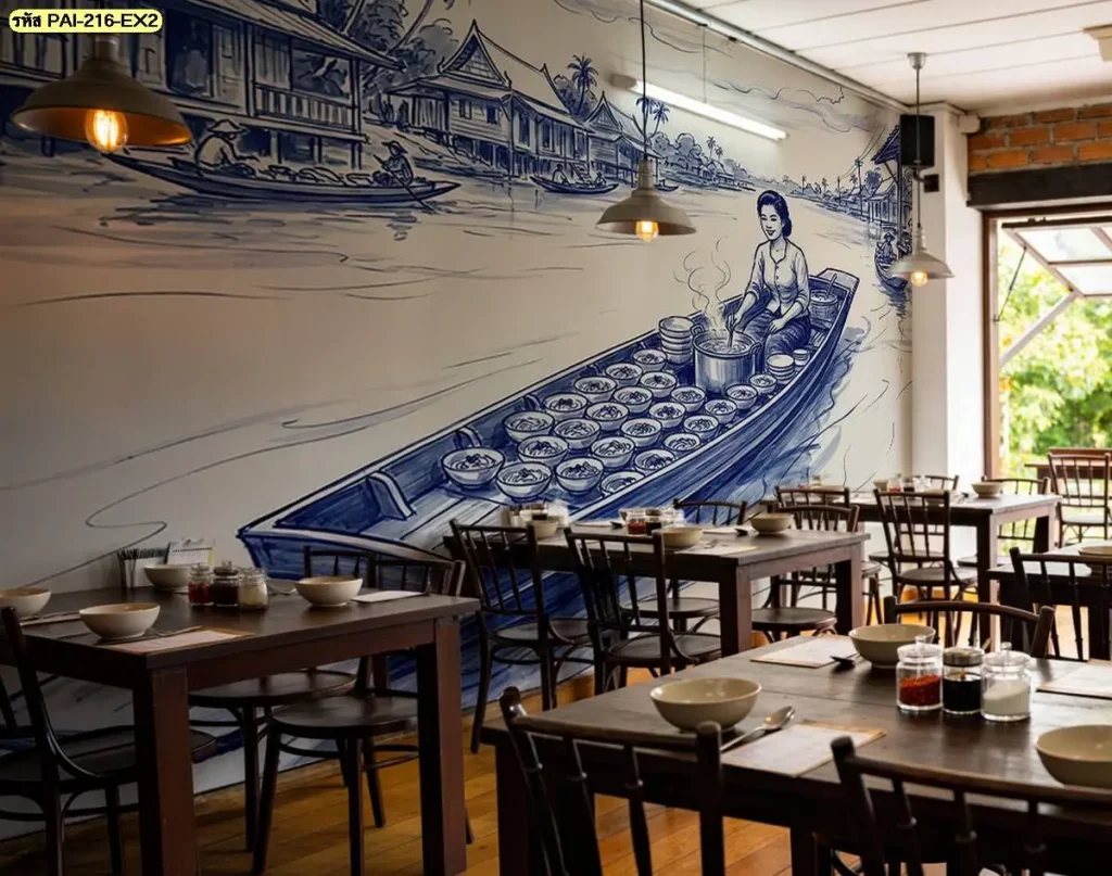 วอลเปเปอร์ภาพวาดวิถีชาวบ้านริมคลองในบรรยากาศไทยดั้งเดิม เหมาะสำหรับร้านอาหารไทยโบราณ โดยรับผลิตวอลเปเปอร์พร้อมปรับขนาดตามพื้นที่
