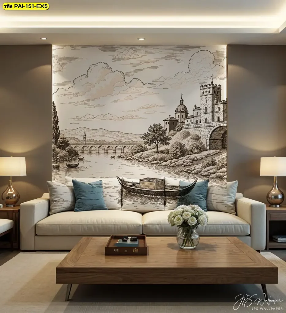 วอลเปเปอร์ตกแต่งผนังภาพวาดเมืองสำหรับบ้านสไตล์ยุโรป จากร้านผลิตวอลเปเปอร์ เหมาะกับห้องนั่งเล่น ห้องรับแขก และพื้นที่ที่ต้องการรายละเอียดด้านสถาปัตยกรรม