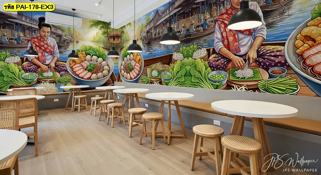 Thai Noodle Wallpaper ภาพแม่ค้าขายก๋วยเตี๋ยวและอาหารไทยสำหรับตกแต่งร้าน เหมาะสำหรับทำเป็น Thai Noodle Wall Art บนผนังขนาดใหญ่