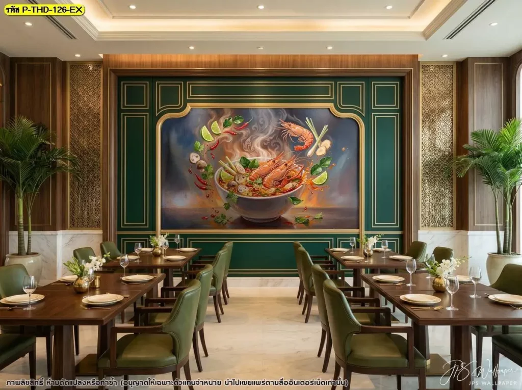 ภาพติดผนังลายต้มยำกุ้งสำหรับร้านอาหารไทย จัดองค์ประกอบภาพให้มองเห็นเมนูได้ชัด พร้อมบริการช่างติดตั้งวอลเปเปอร์มืออาชีพจาก Murallbkk