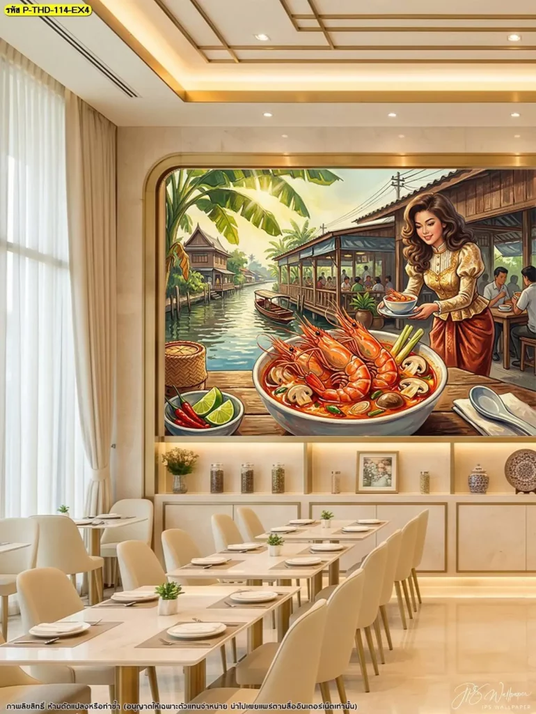 Thai Tom Yum Shrimp Wall Art ภาพศิลปะต้มยำกุ้งสำหรับตกแต่งผนังร้านอาหารไทย ผลิตตามแนวทางพื้นที่โดยร้านขายวอลเปเปอร์ Murallbkk