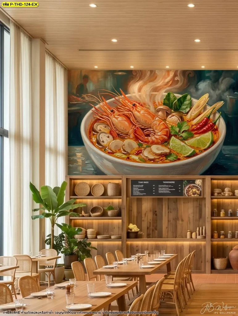 วอลเปเปอร์ตกแต่งผนังลายต้มยำกุ้ง เหมาะสำหรับร้านอาหารไทยที่ต้องการนำภาพเมนูมาใช้ในการตกแต่ง พร้อมร้านขายวอลเปเปอร์ Murallbkk
