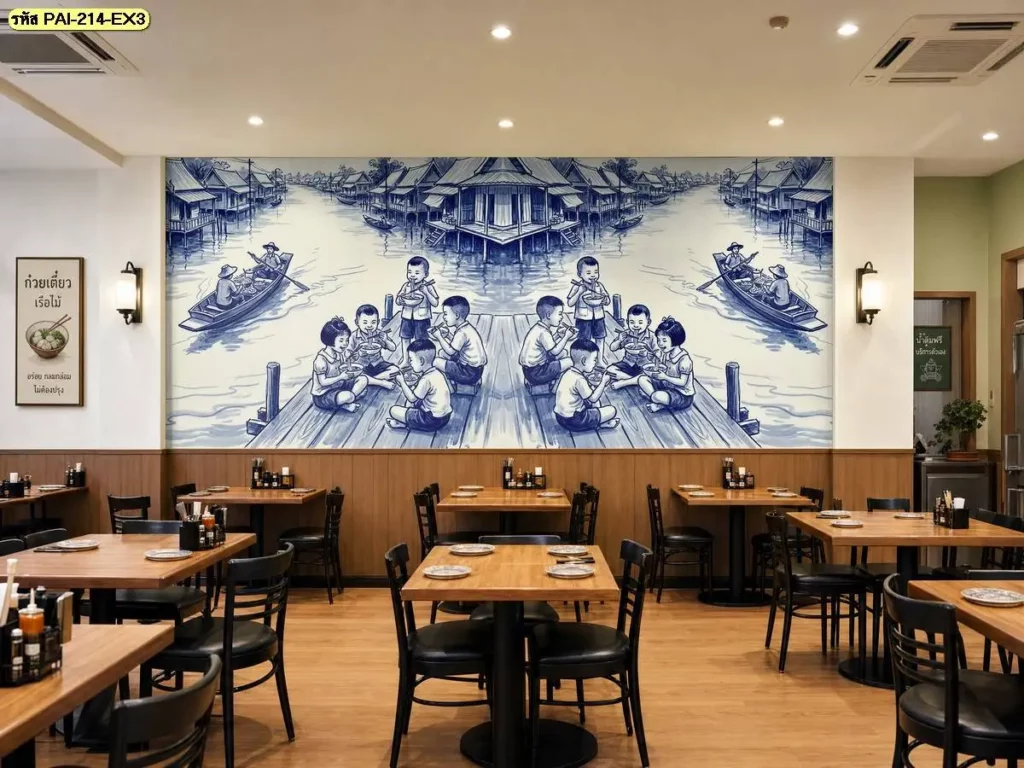รูปภาพติดผนังวิถีชีวิตไทยโทนสีคราม เหมาะสำหรับตกแต่งร้านอาหารไทยและห้องอาหาร โดย Murallbkk จำหน่ายวอลเปเปอร์และรับผลิตภาพตามขนาดพื้นที่