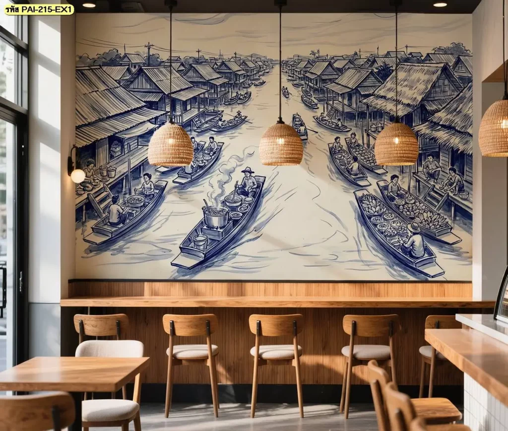 Blue Traditional Thai Wall Art ภาพศิลปะวิถีไทยโทนสีครามสำหรับตกแต่งผนังร้านอาหาร โดยมีบริการรับติดตั้งวอลเปเปอร์ให้เหมาะกับพื้นที่ใช้งาน