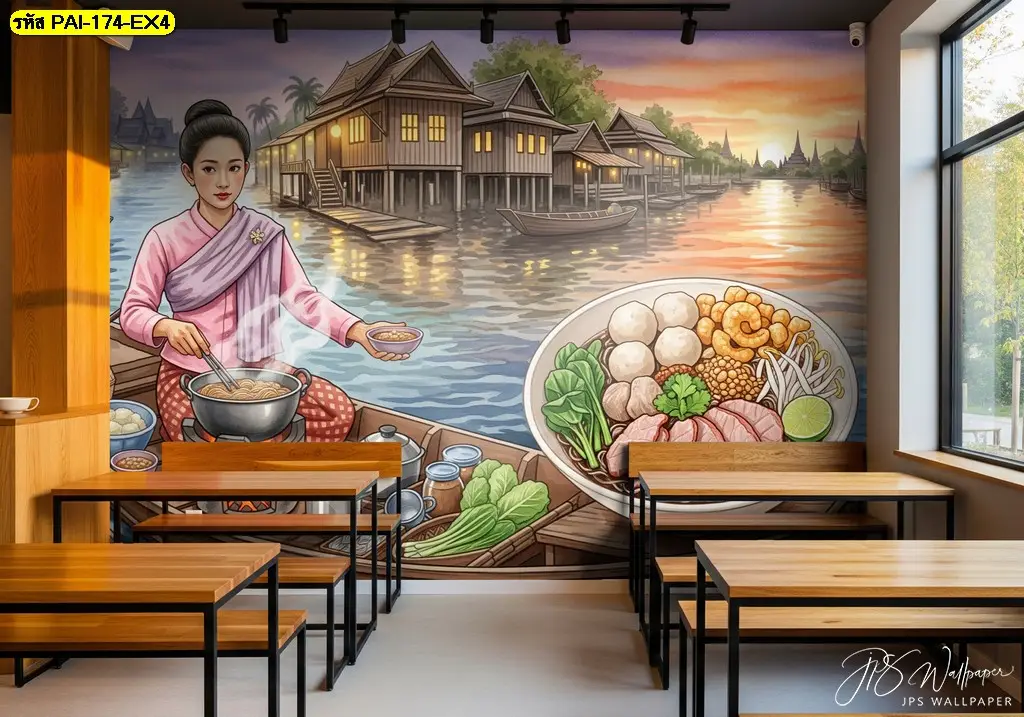 รูปภาพติดผนังลายแม่ค้าขายก๋วยเตี๋ยว สำหรับสร้างบรรยากาศร้านอาหาร พร้อมบริการร้านผลิตวอลเปเปอร์ Murallbkk สำหรับงานขนาดต่าง ๆ