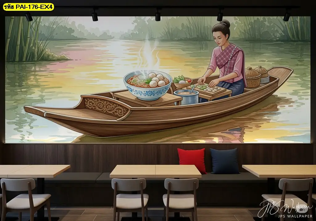 รูปภาพลายแม่ค้าขายก๋วยเตี๋ยว ภาพสำหรับตกแต่งผนังร้านอาหารไทย เหมาะสำหรับใช้ร่วมกับ ภาพติดผนังก๋วยเตี๋ยวเรือ ในพื้นที่รับประทานอาหาร