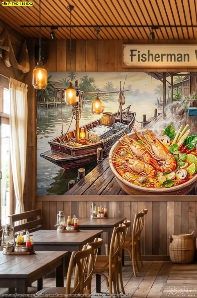 ภาพติดผนังศิลปะอาหารไทยต้มยำกุ้ง เหมาะกับร้านอาหาร ห้องอาหาร และพื้นที่รับประทานอาหาร พร้อมบริการรับผลิตวอลเปเปอร์จาก Murallbkk