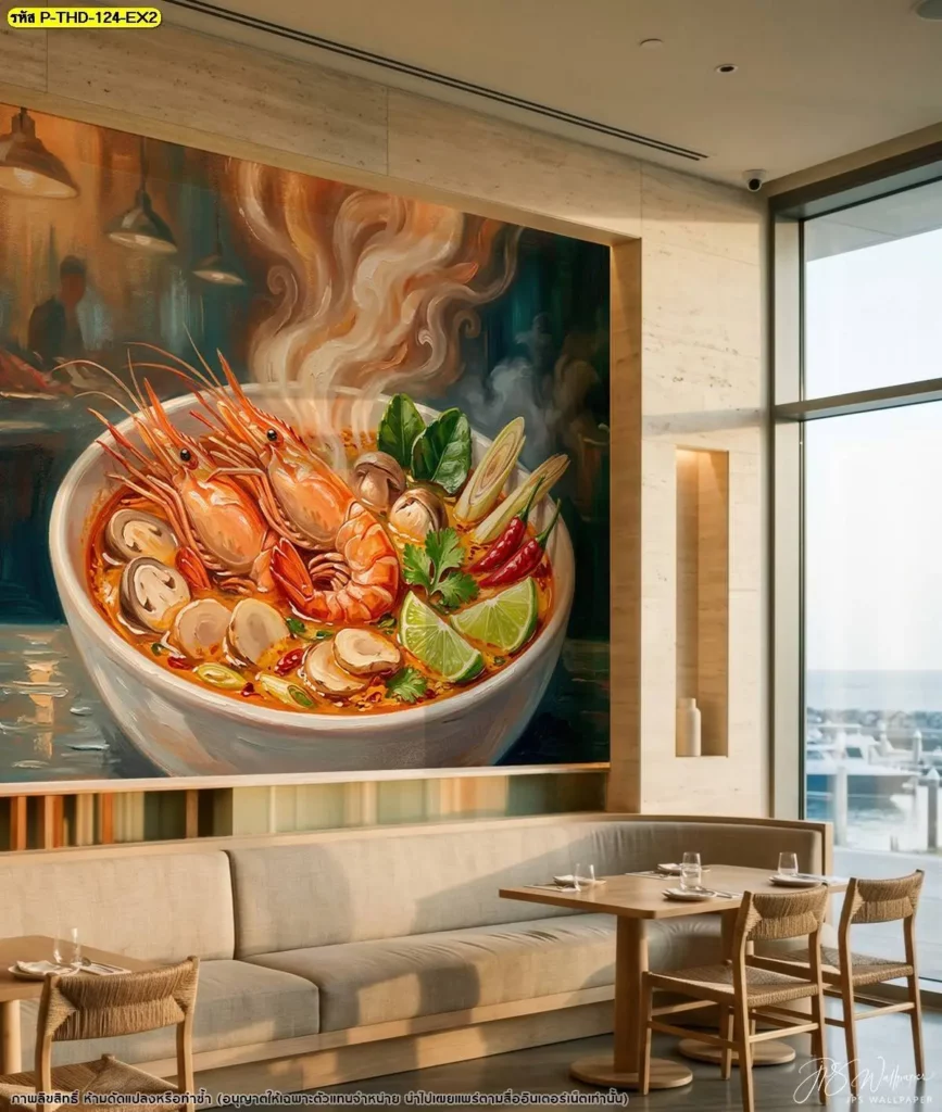 Thai Tom Yum Food Wall Art ภาพศิลปะอาหารไทยสำหรับตกแต่งร้านต้มยำกุ้ง พร้อมช่างติดตั้งวอลเปเปอร์มืออาชีพจาก Murallbkk