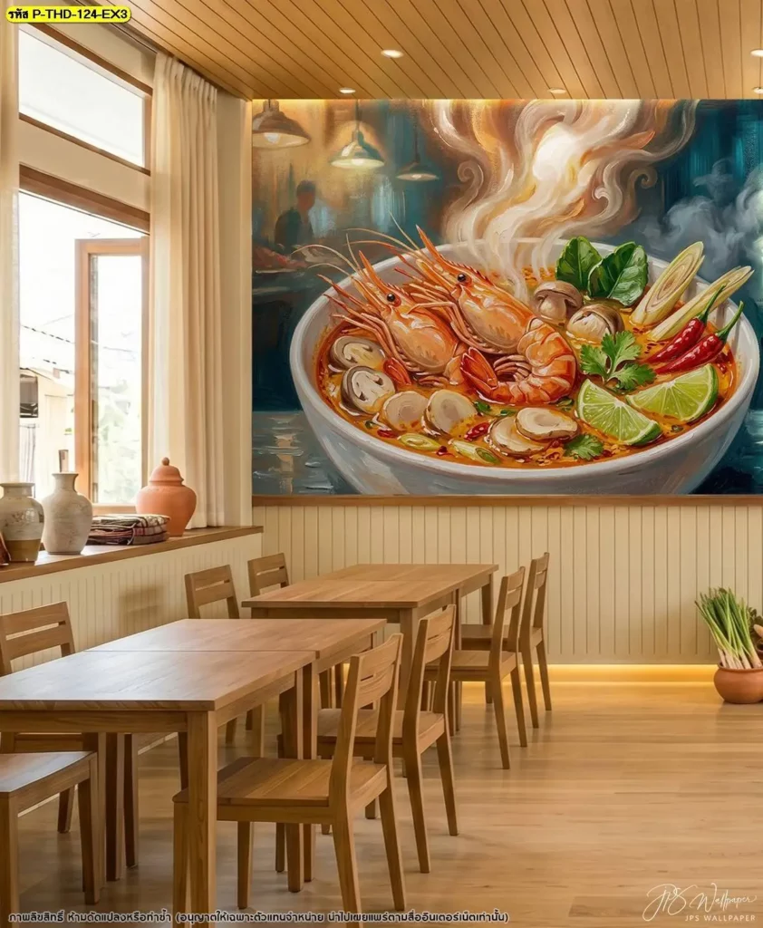 วอลเปเปอร์อาหารไทยลายต้มยำกุ้ง พร้อมภาพกุ้งและส่วนประกอบอาหารไทย เหมาะสำหรับผนังร้านต้มยำและฟู้ดคอร์ท จากร้านขายวอลเปเปอร์ Murallbkk