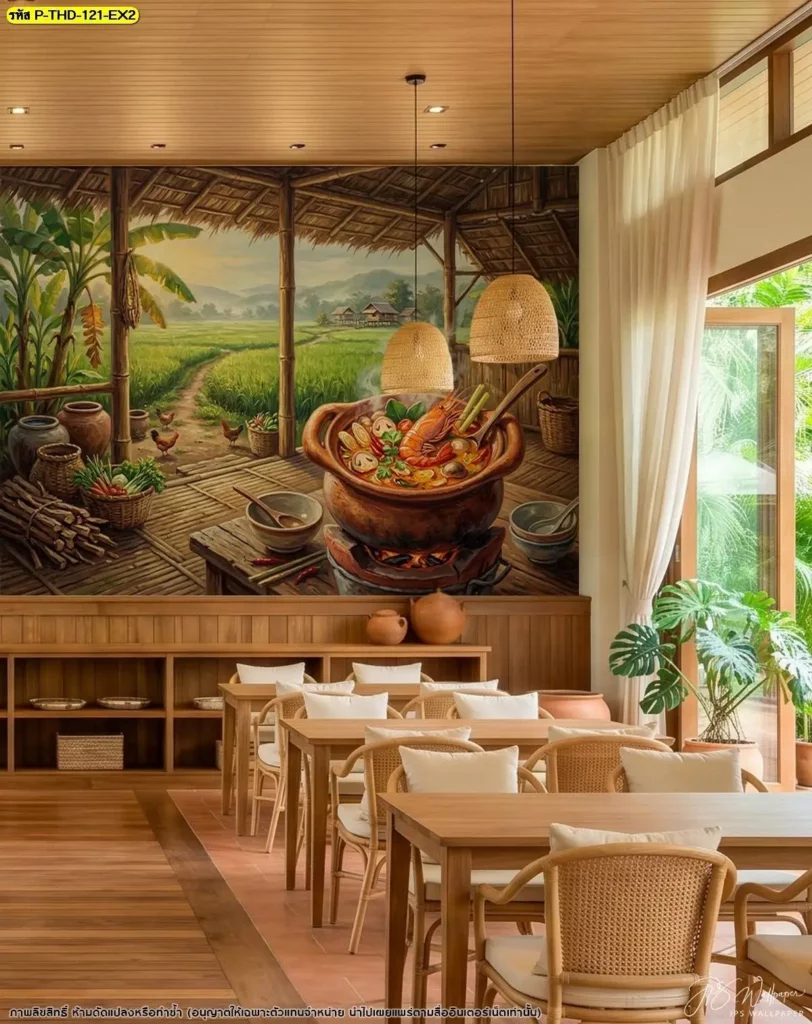 Thai Food Culture Wall Art ถ่ายทอดเรื่องราวอาหารไทยผ่านภาพกุ้งและเครื่องต้มยำ เหมาะสำหรับร้านอาหารไทย โดย Murallbkk รับผลิตวอลเปเปอร์สำหรับตกแต่งผนัง