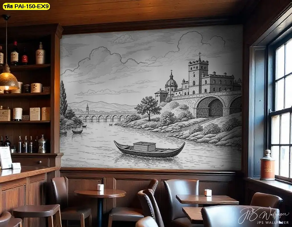 ภาพวาดติดผนังลายทิวทัศน์เมืองสำหรับร้านเบเกอรี่ จากร้านผลิตวอลเปเปอร์ เหมาะกับการตกแต่งพื้นที่รับประทานอาหารและผนังด้านหลังเคาน์เตอร์