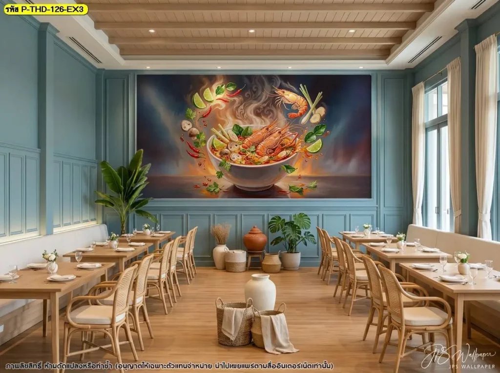 วอลเปเปอร์ศิลปะต้มยำกุ้งสำหรับผนังหลังเคาน์เตอร์ร้านอาหาร ผลิตโดยร้านขายวอลเปเปอร์ที่รองรับงานตกแต่งตามลักษณะพื้นที่