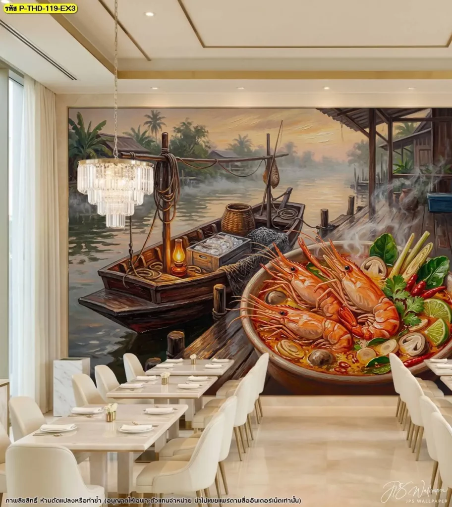 วอลเปเปอร์ศิลปะกุ้งต้มยำแบบไทย สำหรับใช้เป็นภาพหลักบนผนังร้านอาหาร เหมาะกับการตกแต่งสไตล์ไทย พร้อมบริการจำหน่ายวอลเปเปอร์ Murallbkk