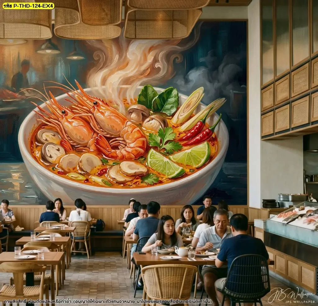 ภาพติดผนังภาพวาดต้มยำกุ้ง สำหรับร้านอาหารไทยที่ต้องการเพิ่มรายละเอียดบนผนัง พร้อมบริการรับผลิตวอลเปเปอร์จาก Murallbkk ตามขนาดพื้นที่จริง