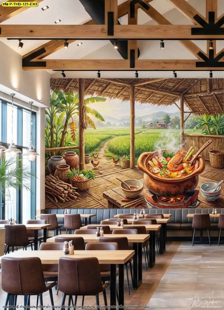 วอลเปเปอร์กุ้งแม่น้ำต้มยำสำหรับผนังร้านต้มยำกุ้งและร้านอาหารไทย โดย Murallbkk ร้านขายวอลเปเปอร์สามารถผลิตภาพตามขนาดและตำแหน่งติดตั้งจริง