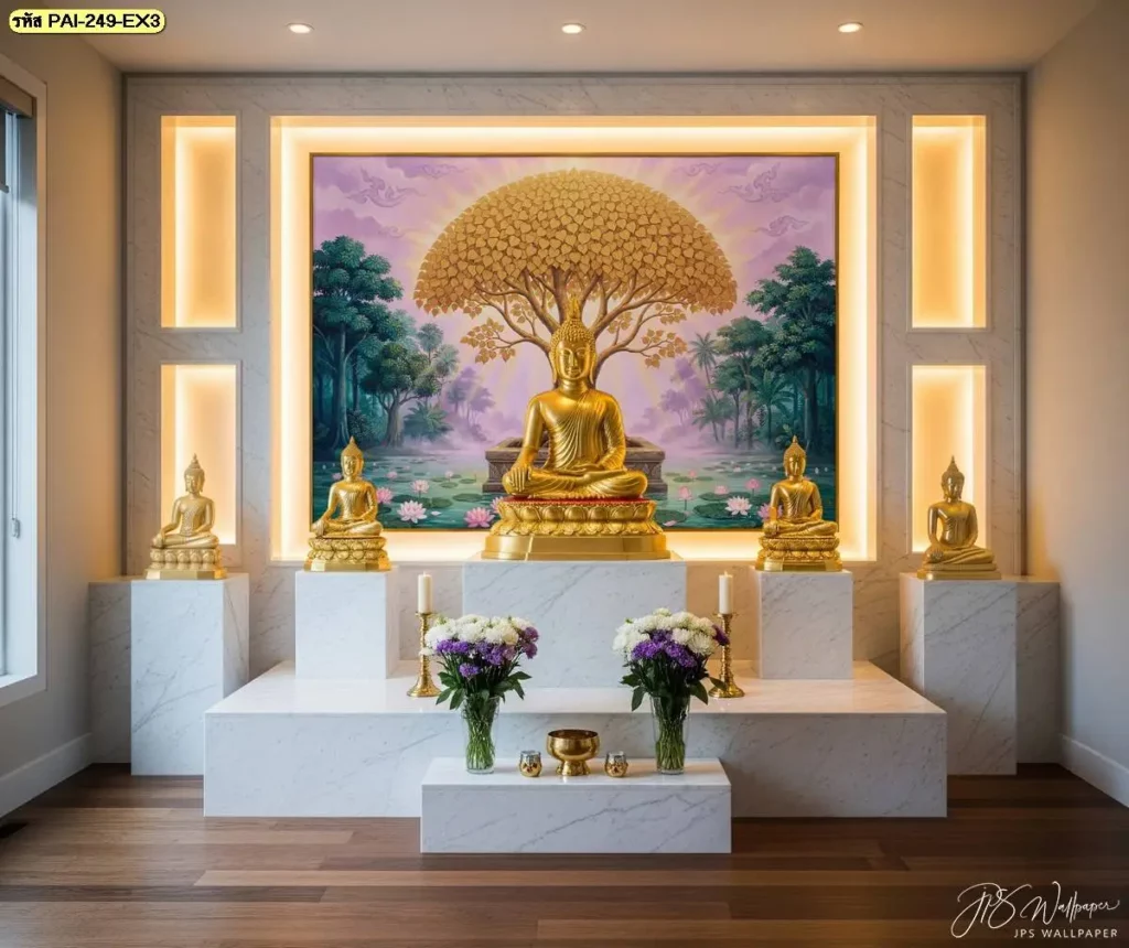 ภาพติดผนังศิลปะไทยป่าหิมพานต์สำหรับห้องธรรมะ จากร้านผลิตวอลเปเปอร์ เหมาะกับพื้นที่ที่ต้องการรายละเอียดของศิลปะไทยบนผนัง