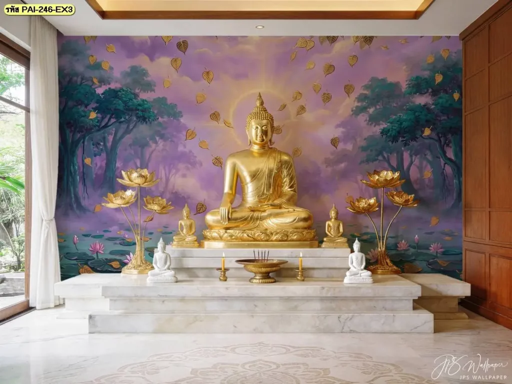 ภาพติดผนังพุทธศิลป์ป่าหิมพานต์สำหรับศาลาปฏิบัติธรรม พร้อมบริการรับผลิตวอลเปเปอร์ เหมาะกับผนังขนาดใหญ่ที่ต้องการภาพศิลปะไทยเป็นองค์ประกอบหลัก