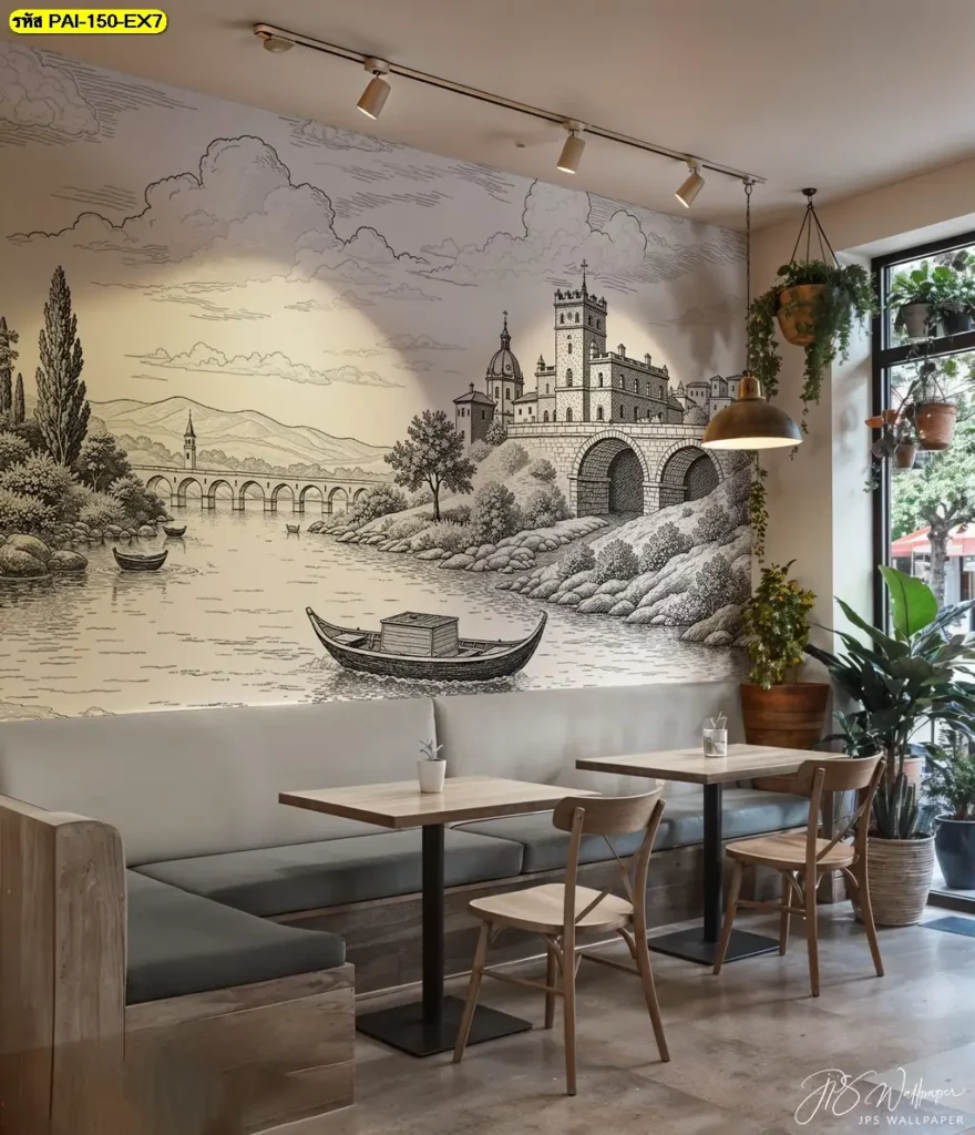 ภาพติดผนังภาพวาดเมืองสำหรับคาเฟ่สไตล์ศิลปะ พร้อมบริการรับผลิตวอลเปเปอร์ เหมาะกับการใช้เป็นผนังหลักบริเวณโต๊ะนั่งหรือเคาน์เตอร์
