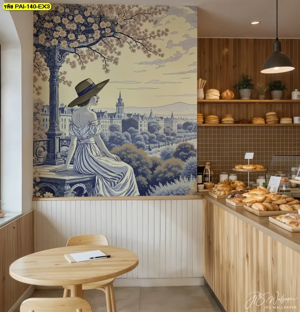วอลเปเปอร์เมืองโรแมนติกสำหรับคาเฟ่และร้านเบเกอรี่ โดยรับติดตั้งวอลเปเปอร์ตามตำแหน่งที่กำหนด เหมาะสำหรับผนังหลังเคาน์เตอร์และโต๊ะอาหาร