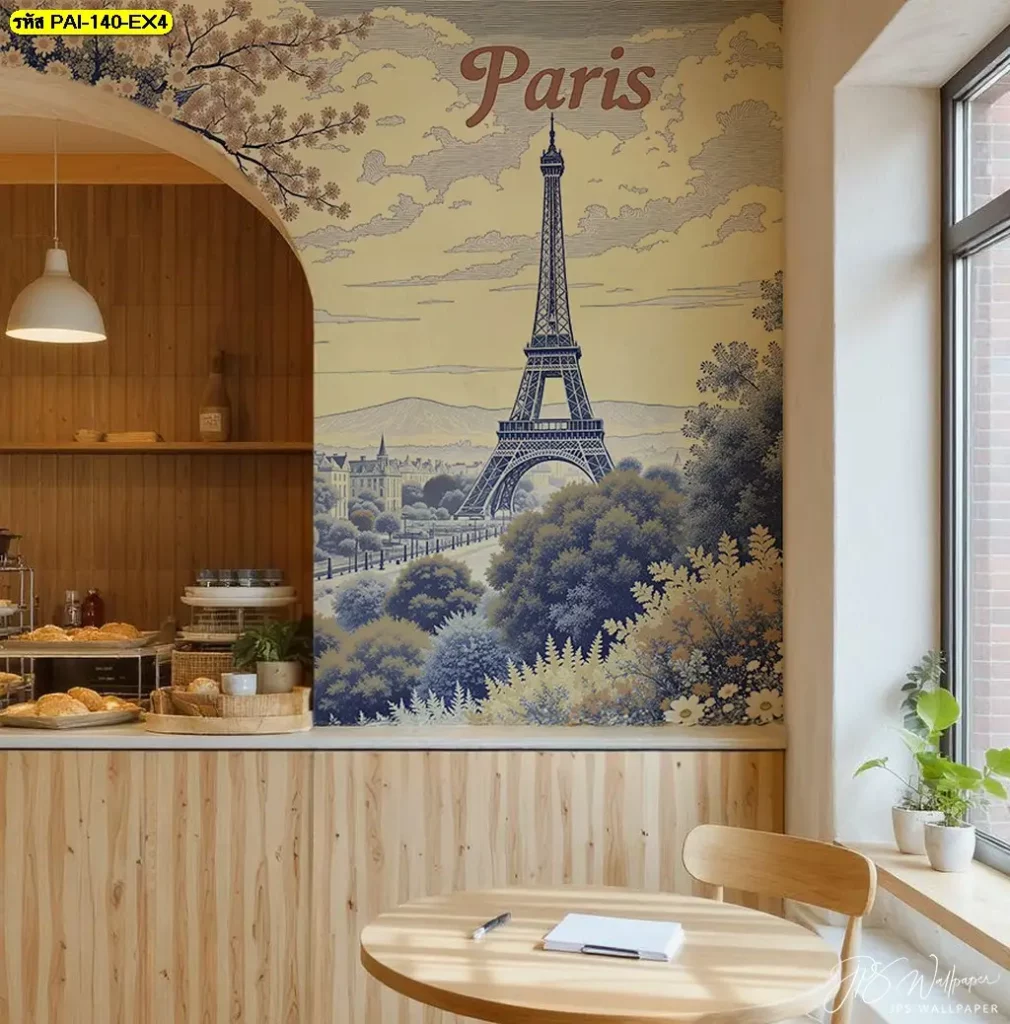 วอลเปเปอร์ภาพวาดปารีส ภาพเมืองและอาคารสำหรับตกแต่งร้านอาหาร จากช่างติดตั้งวอลเปเปอร์มืออาชีพ เหมาะกับผนังหลักภายในร้าน
ภาพติดผนังลายภาพวาดเมืองปารีสสำหรับคาเฟ่สไตล์หวาน จากร้านขายวอลเปเปอร์ เหมาะสำหรับผนังหลังโต๊ะอาหารและพื้นที่รับรองลูกค้า