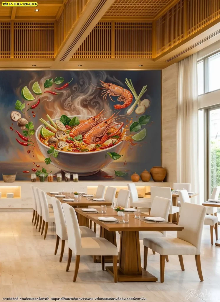 ภาพติดผนังกุ้งต้มยำสไตล์ไทยดั้งเดิม ใช้ตกแต่งผนังบริเวณรับประทานอาหาร พร้อมบริการร้านผลิตวอลเปเปอร์สำหรับงานภาพขนาดใหญ่