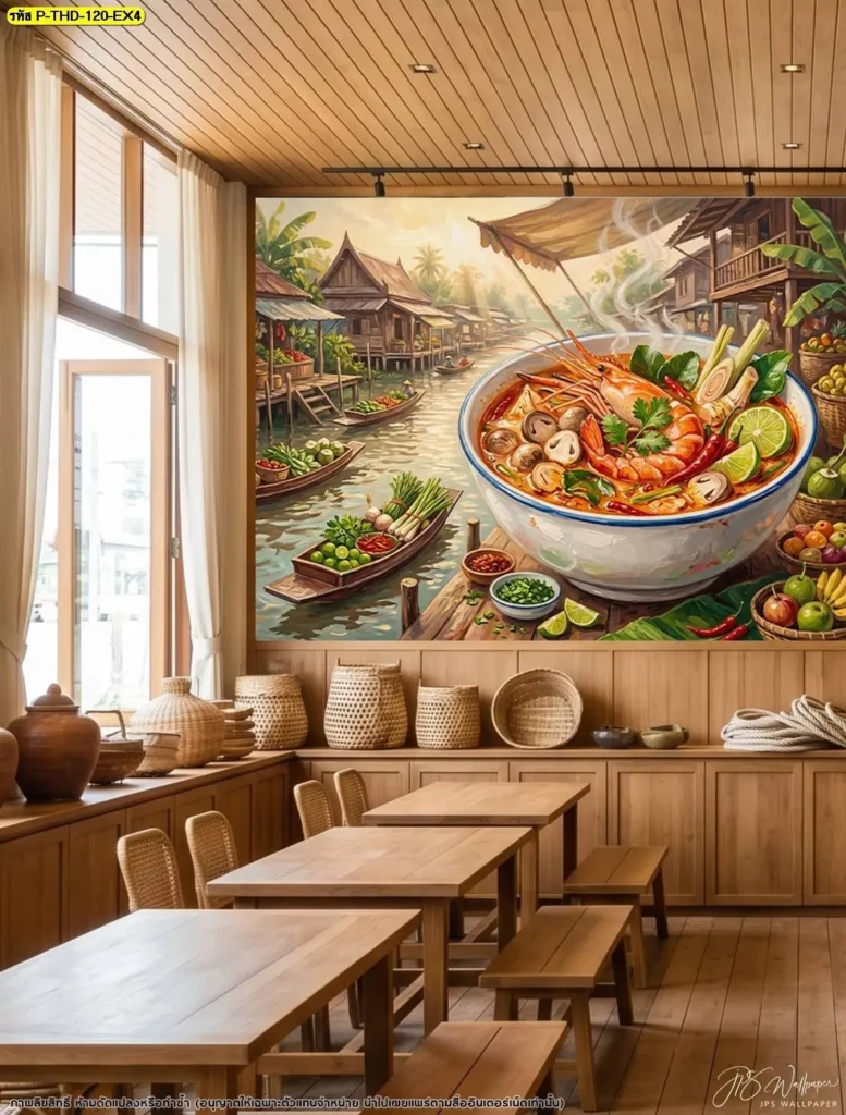 วอลเปเปอร์ศิลปะกุ้งต้มยำแบบไทย สำหรับผนังร้านอาหารที่ต้องการตกแต่งด้วยภาพอาหารไทย พร้อมบริการรับติดตั้งวอลเปเปอร์โดย Murallbkk