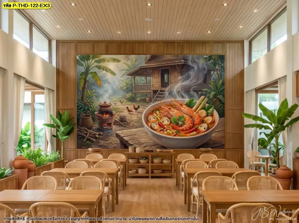 ภาพติดผนังภาพวาดอาหารไทยลายต้มยำกุ้ง เหมาะสำหรับตกแต่งร้านอาหารและฟู้ดคอร์ท พร้อมบริการร้านผลิตวอลเปเปอร์ Murallbkk