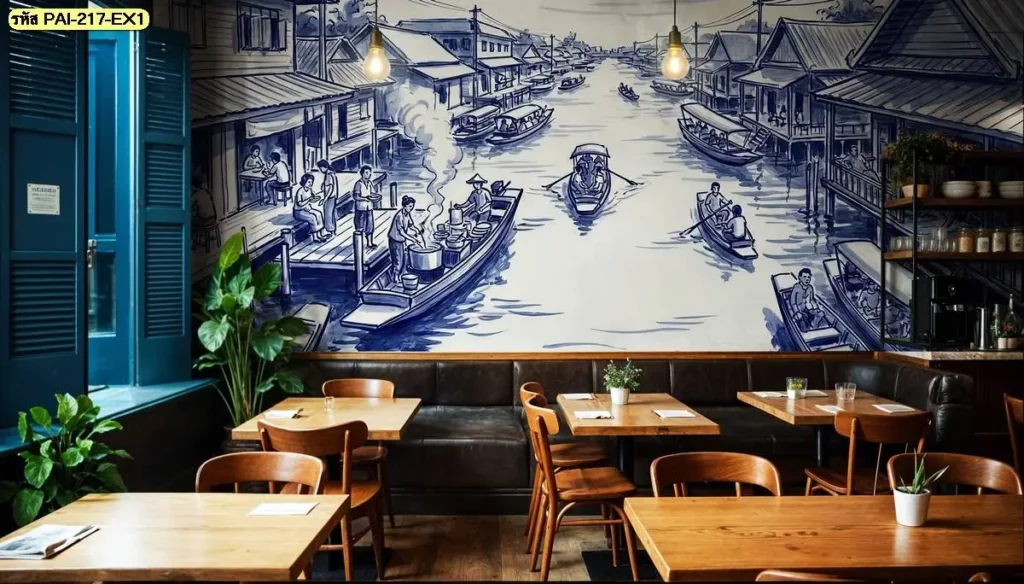 วอลเปเปอร์ตกแต่งผนังภาพตลาดน้ำสำหรับร้านอาหารไทยต้นตำรับ ถ่ายทอดรายละเอียดของชุมชนริมน้ำ โดยรับผลิตวอลเปเปอร์สำหรับผนังหลายขนาด