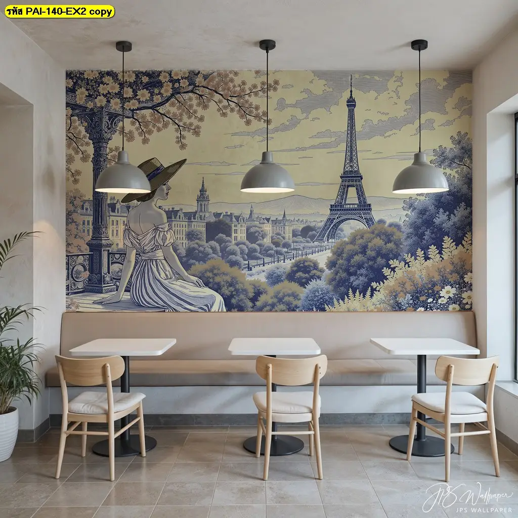ภาพติดผนังลายหอไอเฟลสำหรับร้านเบเกอรี่และร้านขนมหวาน พร้อมบริการรับผลิตวอลเปเปอร์ เหมาะสำหรับผนังบริเวณที่ลูกค้ามองเห็นได้ชัด