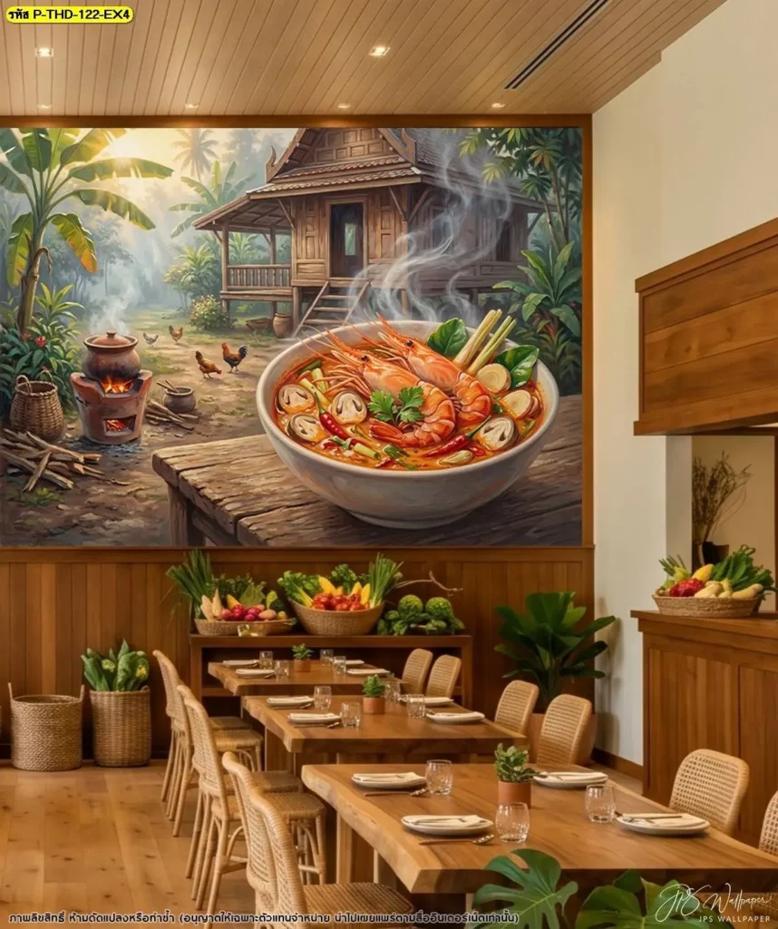 วอลเปเปอร์ภาพวาดต้มยำกุ้งแสดงกุ้งและส่วนประกอบอาหารไทย เหมาะกับร้านต้มยำกุ้งและฟู้ดคอร์ท พร้อมบริการรับผลิตวอลเปเปอร์ Murallbkk