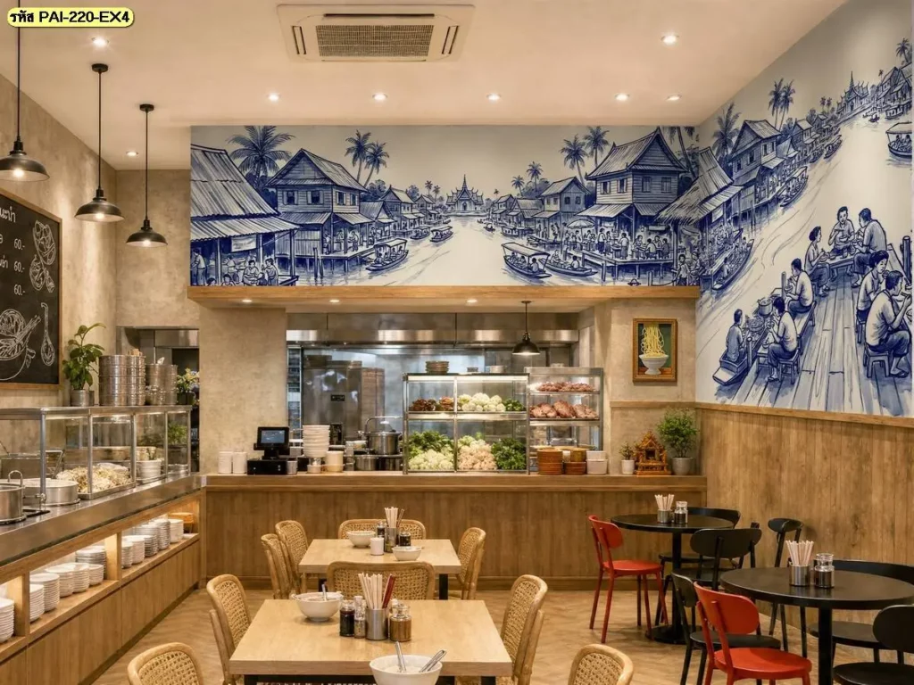 วอลเปเปอร์ลายวิถีไทยริมน้ำ เหมาะสำหรับผนังร้านอาหารไทยโบราณและพื้นที่ต้อนรับ ถ่ายทอดบรรยากาศชุมชนริมน้ำ โดย Murallbkk รับติดตั้งวอลเปเปอร์อย่างเหมาะสมกับพื้นที่