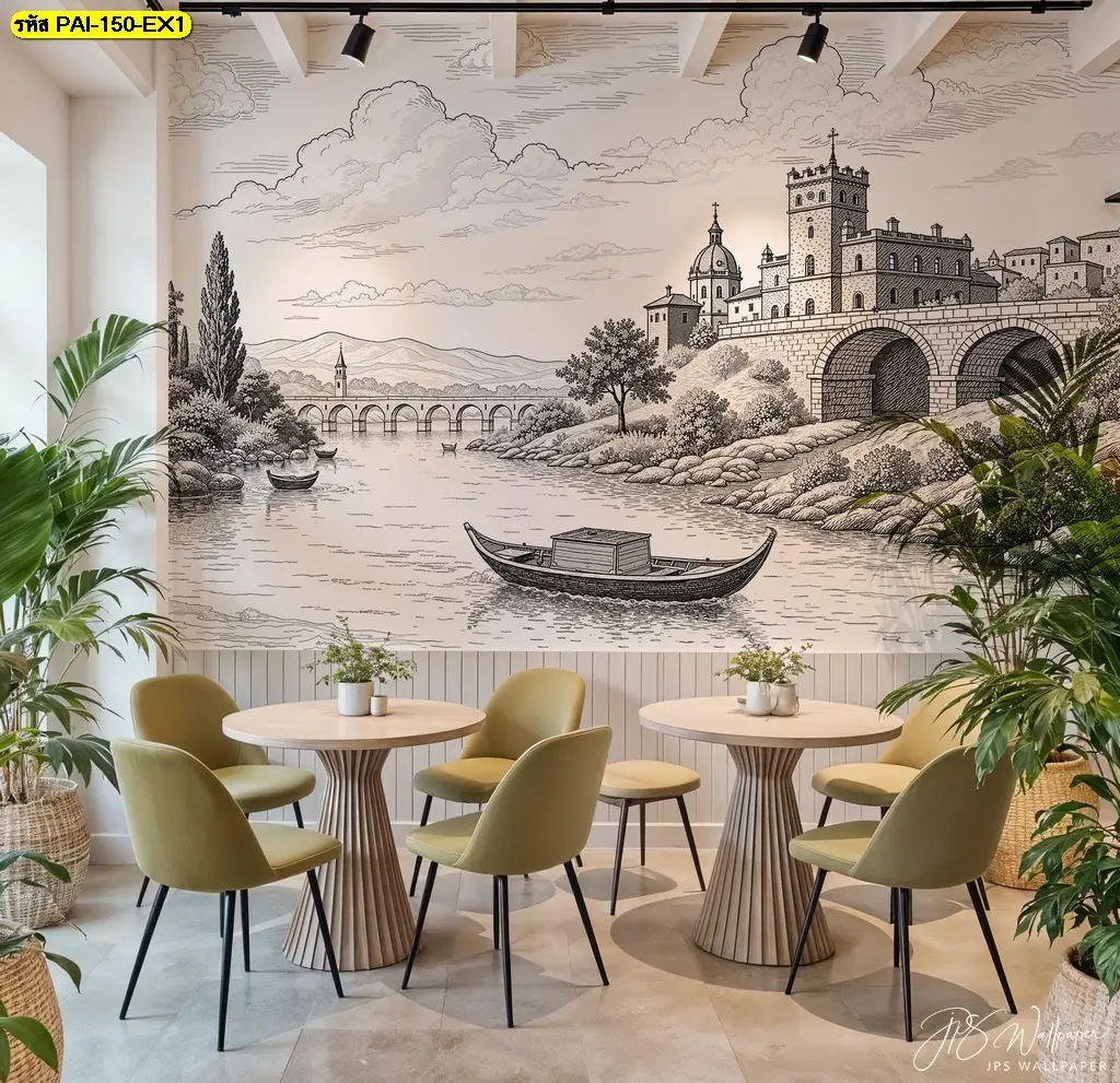 ภาพติดผนังภาพวาดเมืองสำหรับร้านเบเกอรี่และห้องรับแขก จากร้านผลิตวอลเปเปอร์ สามารถเลือกขนาดให้เหมาะกับเฟอร์นิเจอร์และพื้นที่โดยรอบ