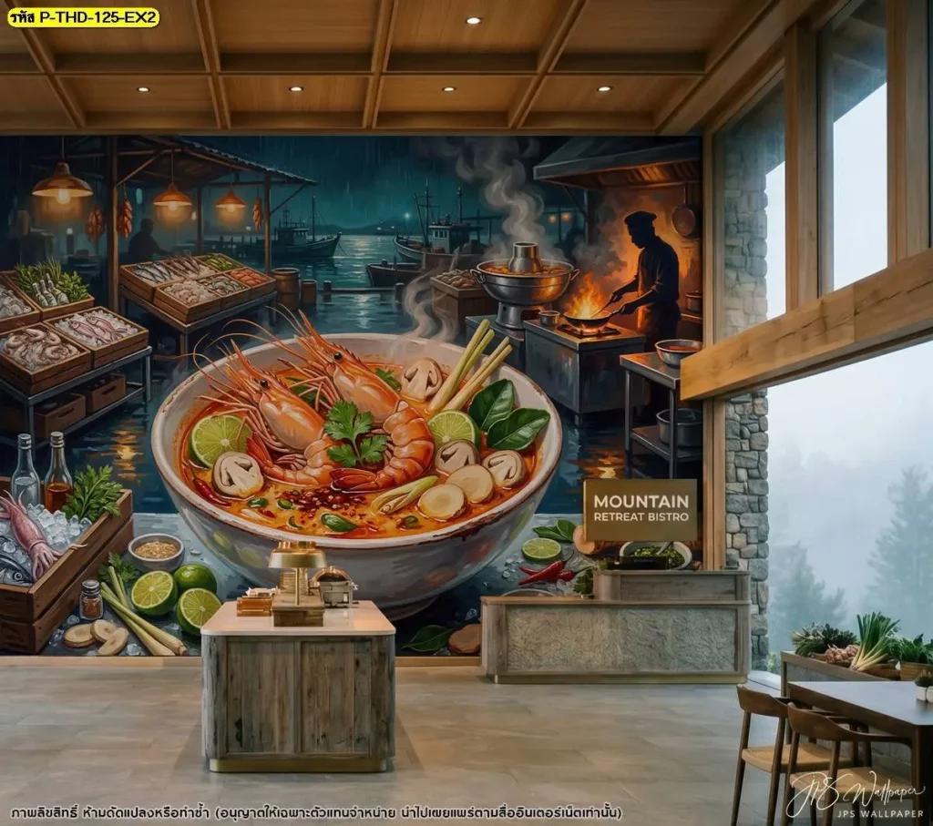 ภาพติดผนังกุ้งแม่น้ำต้มยำ แสดงเอกลักษณ์ของอาหารไทย เหมาะกับร้านอาหารและฟู้ดคอร์ท โดยร้านผลิตวอลเปเปอร์ Murallbkk