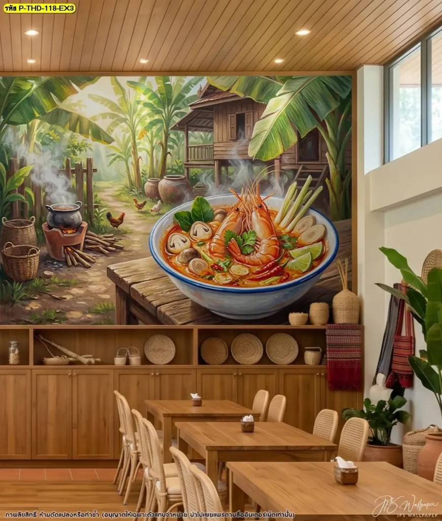 ภาพติดผนังอาหารไทยต้มยำกุ้งสำหรับผนังหลังเคาน์เตอร์ร้านอาหาร ช่วยเชื่อมโยงภาพตกแต่งกับเมนูของร้าน พร้อมบริการร้านขายวอลเปเปอร์ Murallbkk