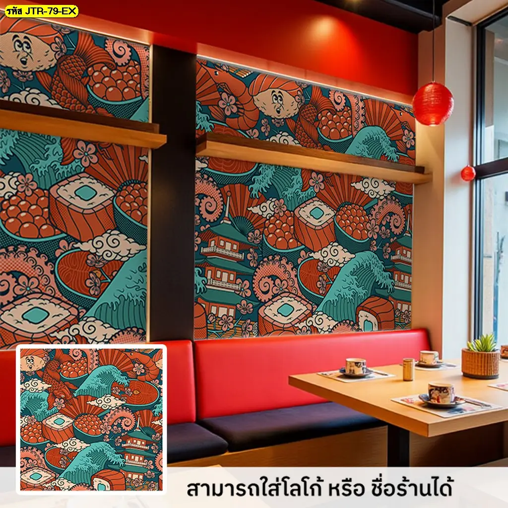 วอลเปเปอร์ตกแต่งผนังร้านซูชิ ภาพอาหารญี่ปุ่นที่เหมาะสำหรับร้านขนาดเล็ก ร้านอาหารในห้าง และฟู้ดคอร์ท สามารถผลิตตามพื้นที่ จากร้านขายวอลเปเปอร์ Murallbkk