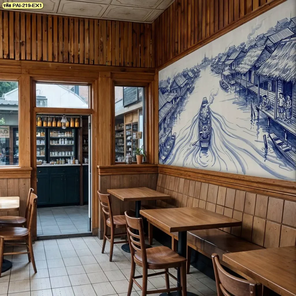 Blue Traditional Thai Wall Art สำหรับตกแต่งร้านอาหารไทยด้วยภาพตลาดน้ำและวิถีชาวบ้านริมคลอง พร้อมบริการจำหน่ายวอลเปเปอร์และติดตั้งโดยช่างมืออาชีพ