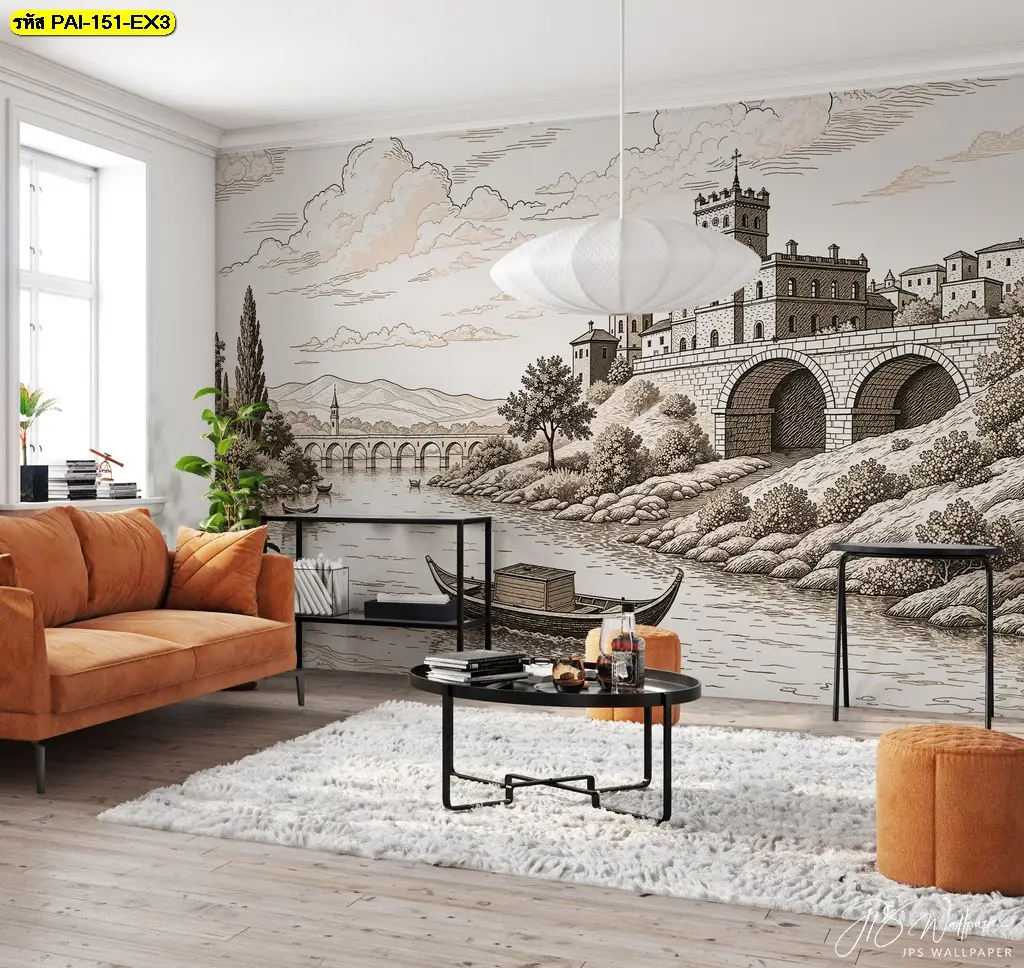City Landscape Wall Mural สำหรับห้องรับแขกและคาเฟ่อาร์ต พร้อมบริการรับติดตั้งวอลเปเปอร์ เหมาะกับผนังที่ต้องการภาพเมืองขนาดใหญ่และมีองค์ประกอบต่อเนื่อง