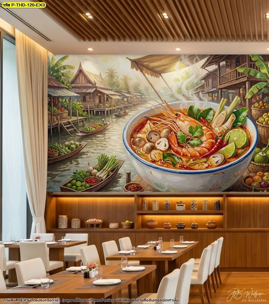 วอลเปเปอร์ภาพวาดลายต้มยำกุ้ง สำหรับเพิ่มรายละเอียดให้ผนังร้านอาหารไทย โดยสามารถเลือกขนาดให้เหมาะกับพื้นที่จากร้านผลิตวอลเปเปอร์ Murallbkk