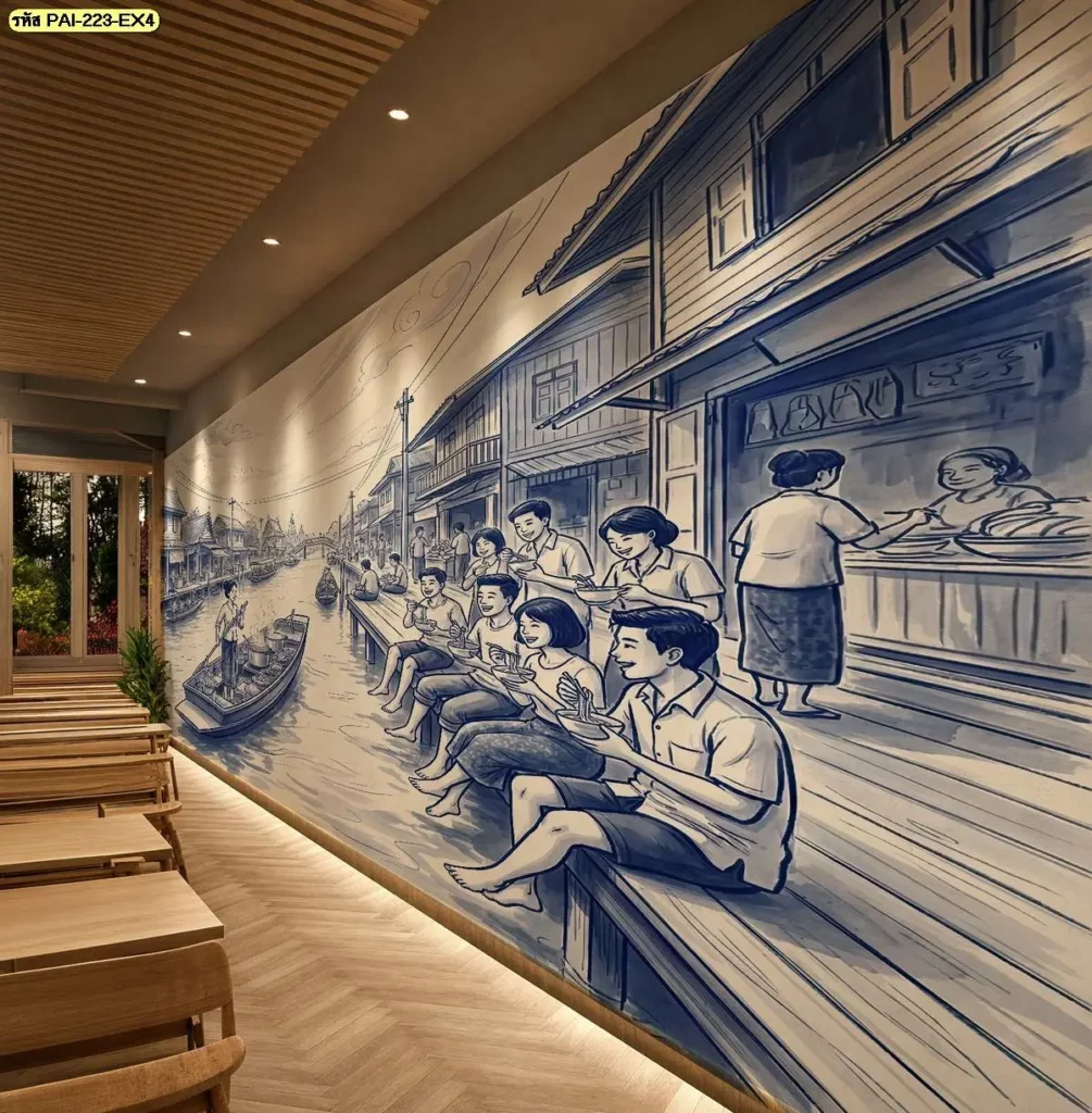 Blue Traditional Thai Wall Art สำหรับตกแต่งร้านอาหารไทยด้วยภาพตลาดน้ำและวิถีชาวบ้านริมคลอง พร้อมบริการจำหน่ายวอลเปเปอร์และติดตั้งโดยช่างมืออาชีพ
